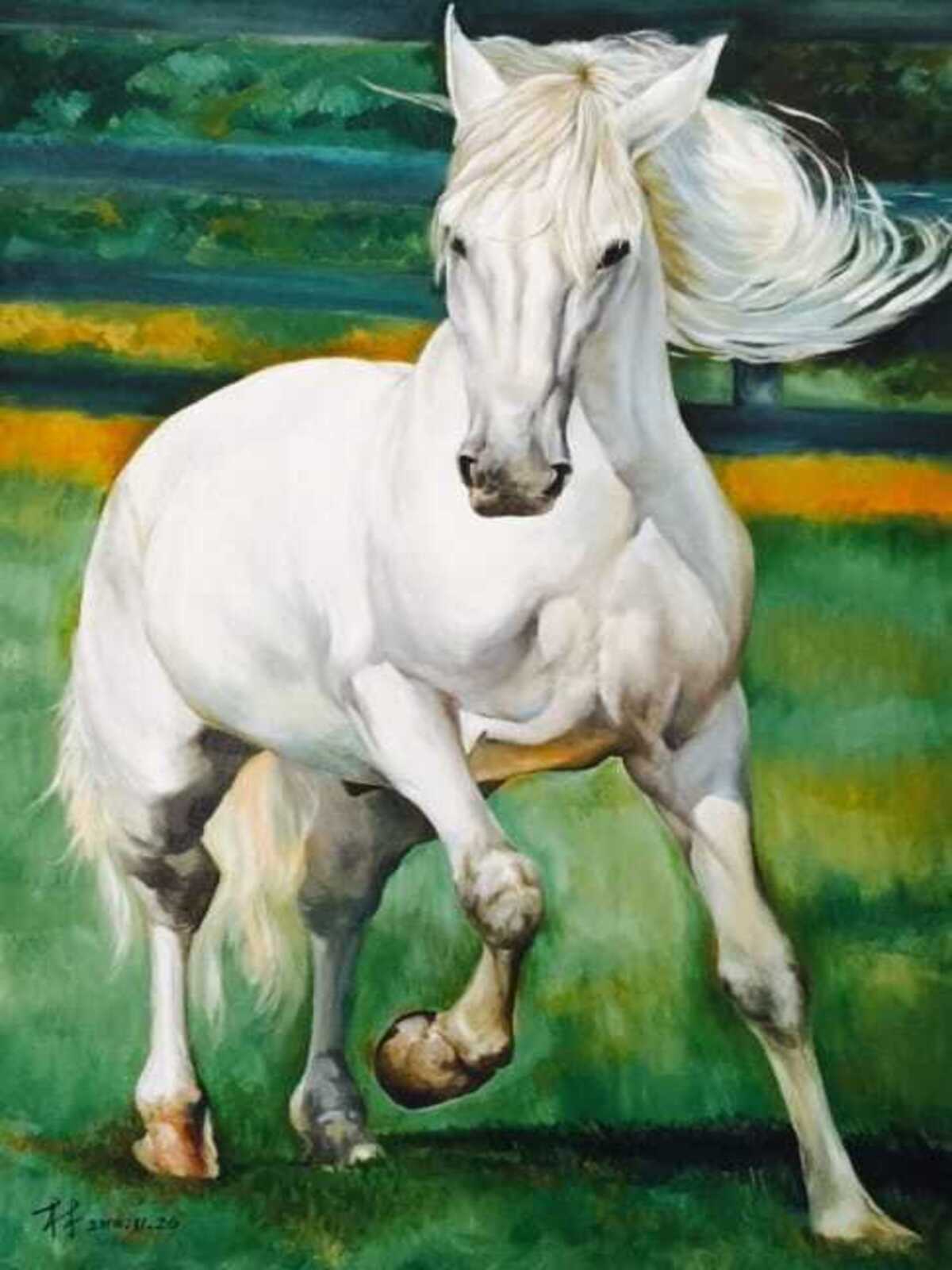 Springtime run painting Dubai – white horse artwork UAE