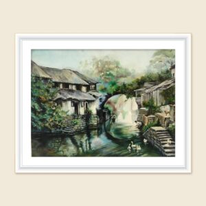 Serene waterside village painting Dubai – peaceful landscape wall art UAE