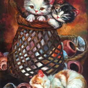 Adorable kittens in basket painting Dubai – pet-themed artwork UAE