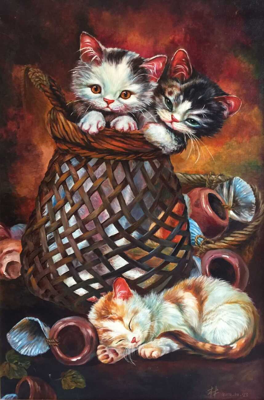 Adorable kittens in basket painting Dubai – pet-themed artwork UAE