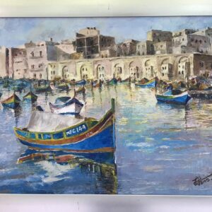 Harbor reflections painting Dubai – coastal city landscape wall art UAE