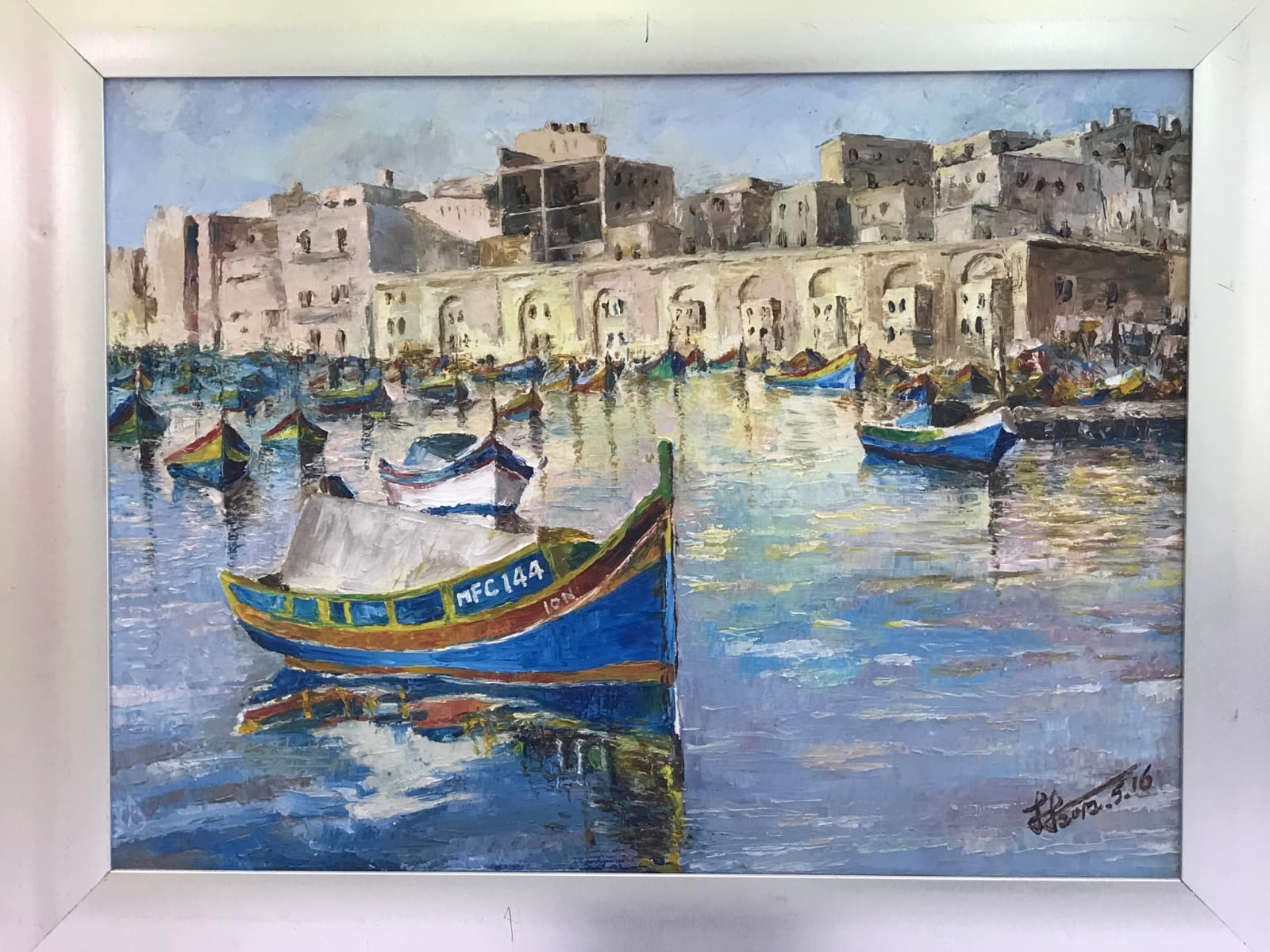 Harbor reflections painting Dubai – coastal city landscape wall art UAE