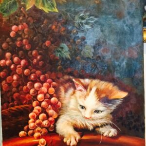 Cat with grapes painting Dubai – cute kitten artwork for home décor UAE
