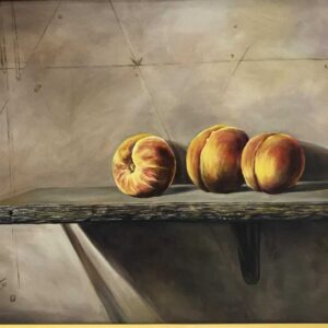 Peaches on the ledge painting Dubai – still life fruit artwork UAE