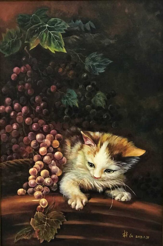 Cat with grapes painting Dubai – cute kitten artwork for home décor UAE